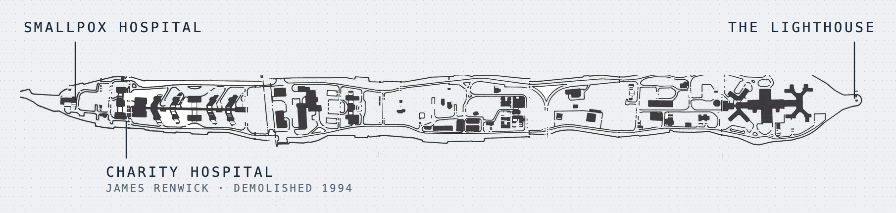 Plan of Roosevelt Island showing the Smallpox Hospital at the south tip and the Lighthouse at the north